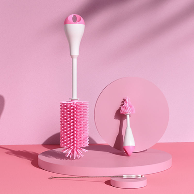 3-in-1 roterende siliconen reinigingsborstelset met rechte handgreep voor babymelk-zuigfles Tepelstro